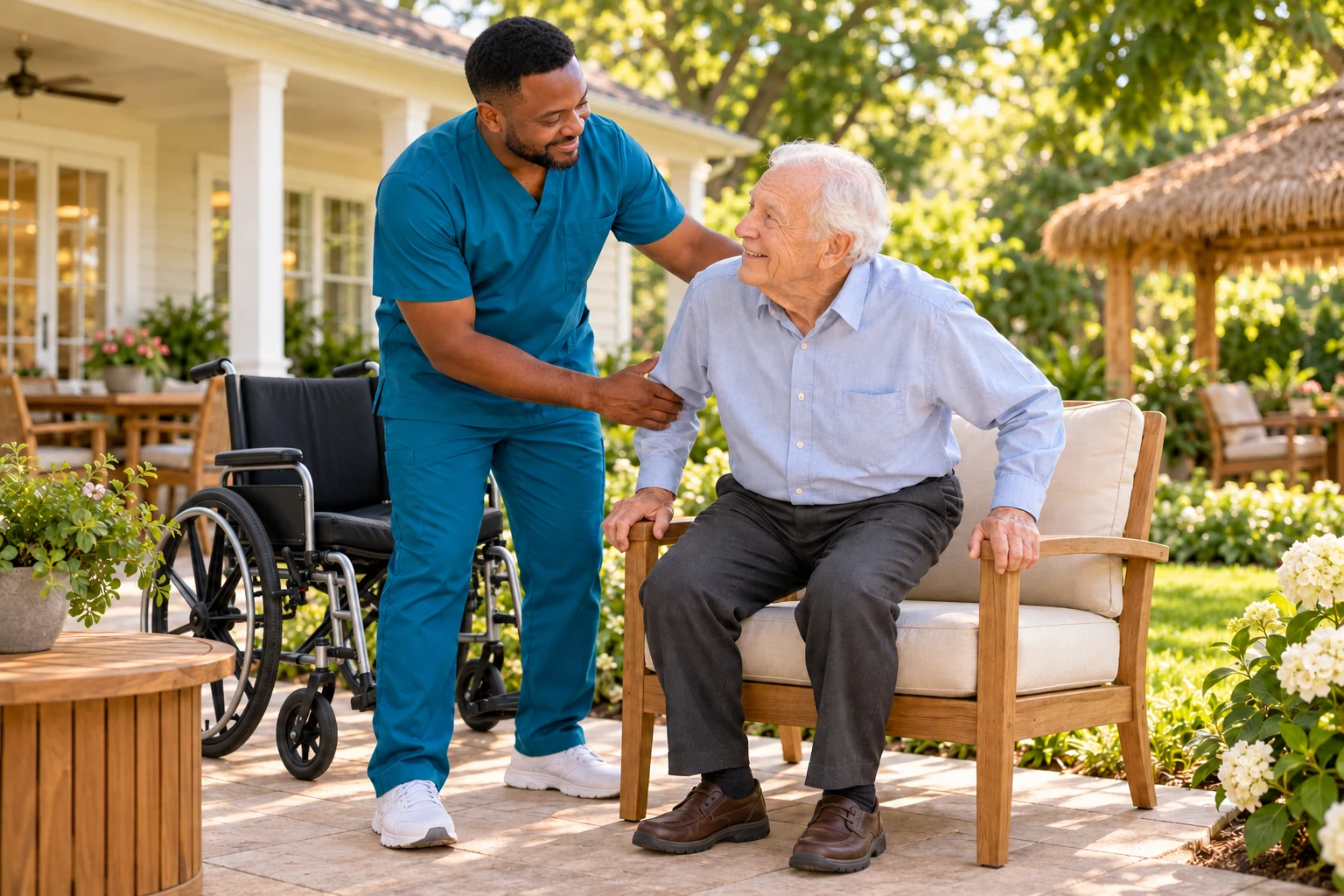 Daniel in teal scrubs helping an older gentleman settle into a garden armchair, with a wheelchair behind him