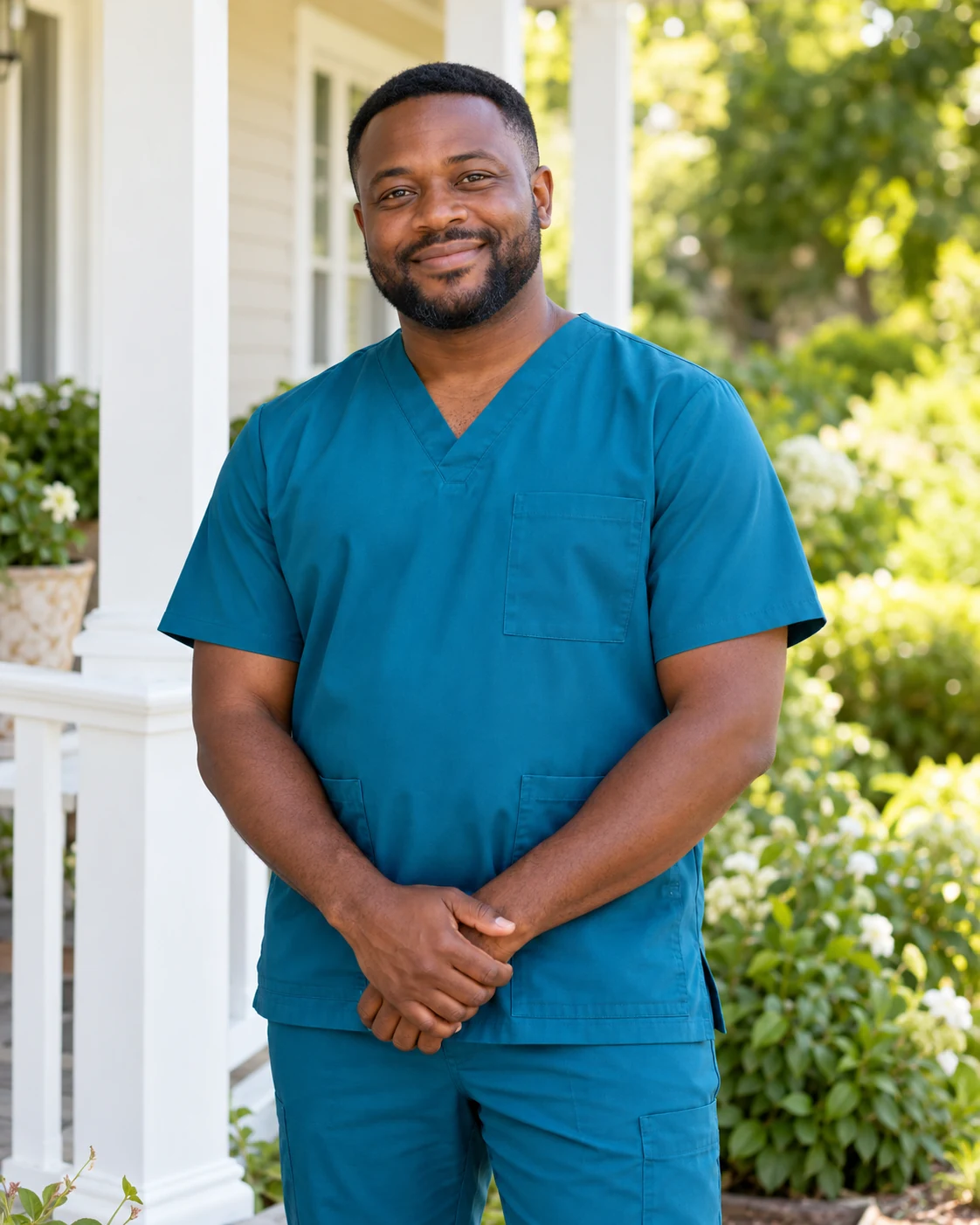 Daniel, caregiver, wearing a teal blue uniform