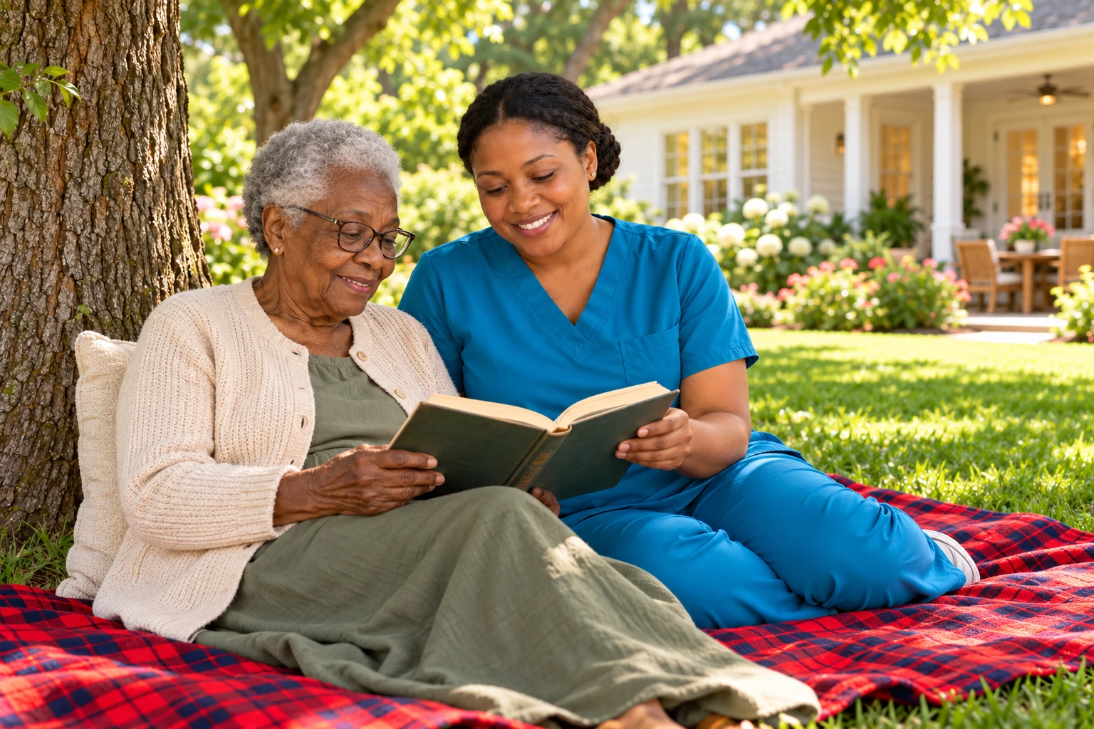 Jacky and an older Black woman reading together on a red Maasai mat under a garden tree