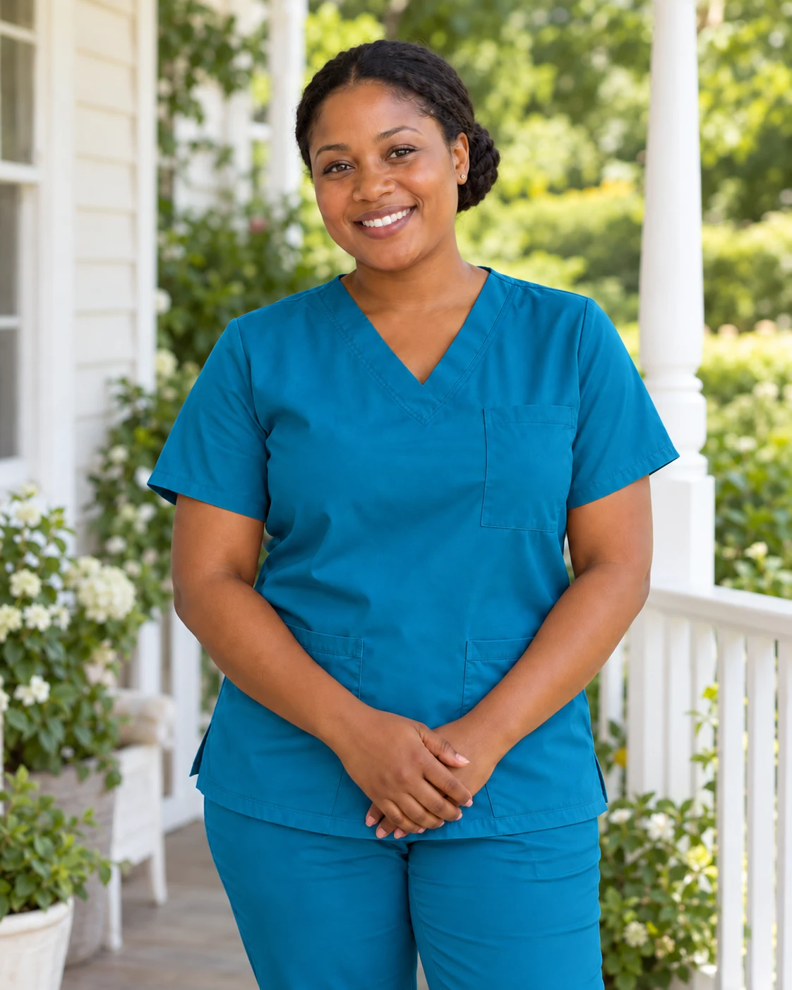 Jacky, caregiver, wearing a teal blue uniform
