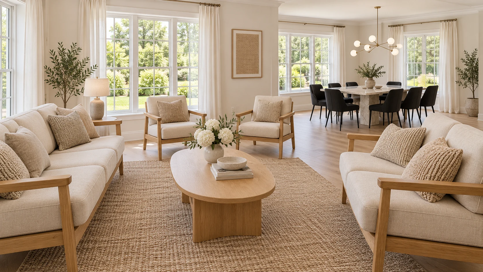 Cream sofas, oak armchairs, and an eight-seat dining table in the bright living room