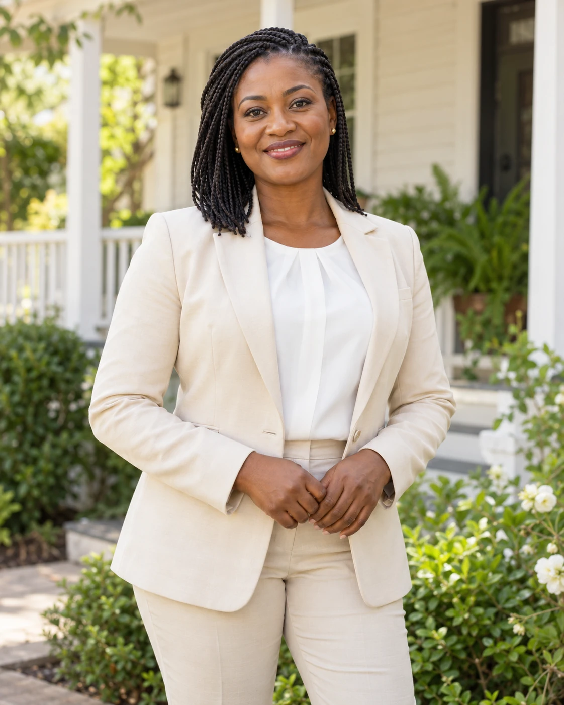 Mimie Sigilai, CEO, in a cream suit outside the wooden home