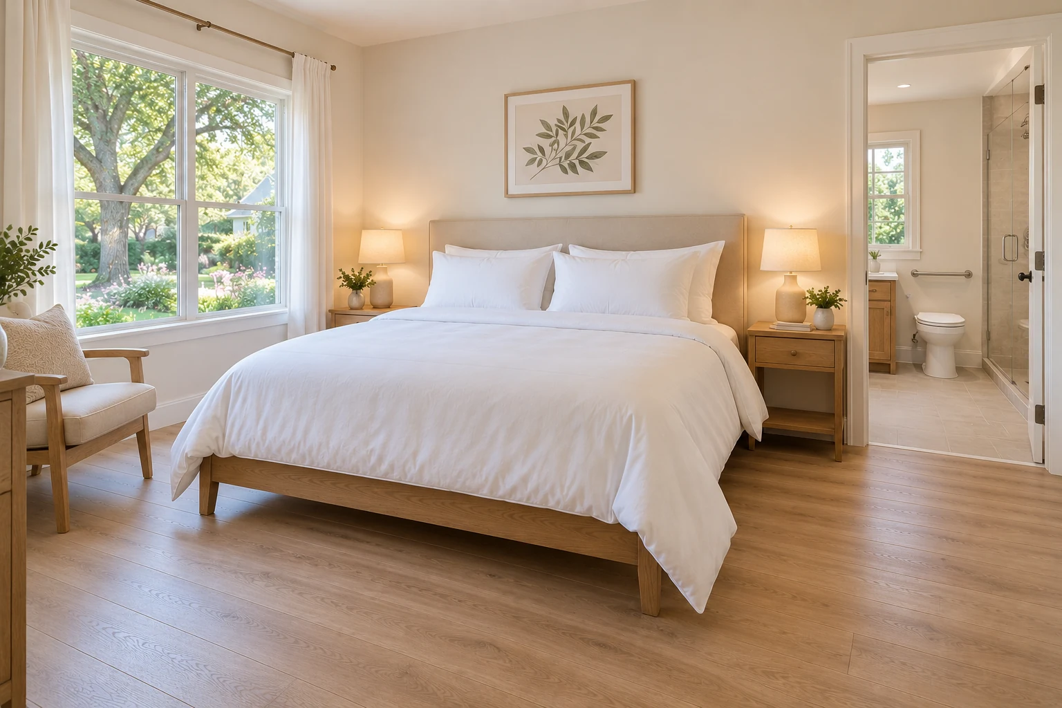 Private bedroom with a large bed, white duvet, garden window, and an en-suite bathroom