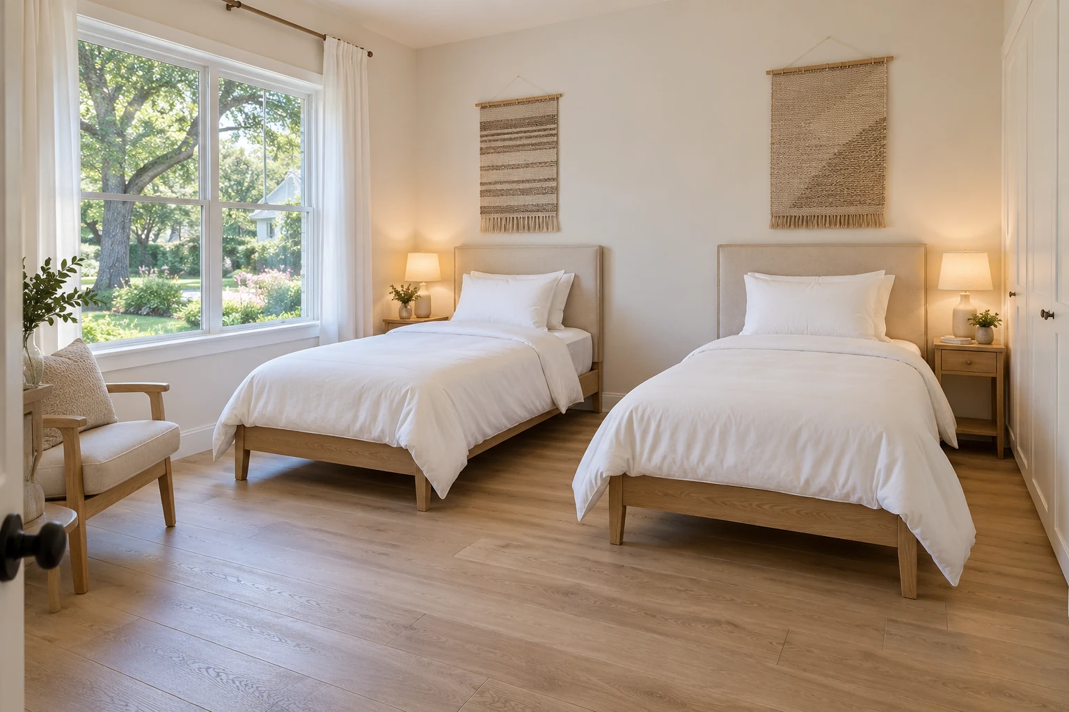 A shared bedroom with two separate single beds and freshly arranged white bedding